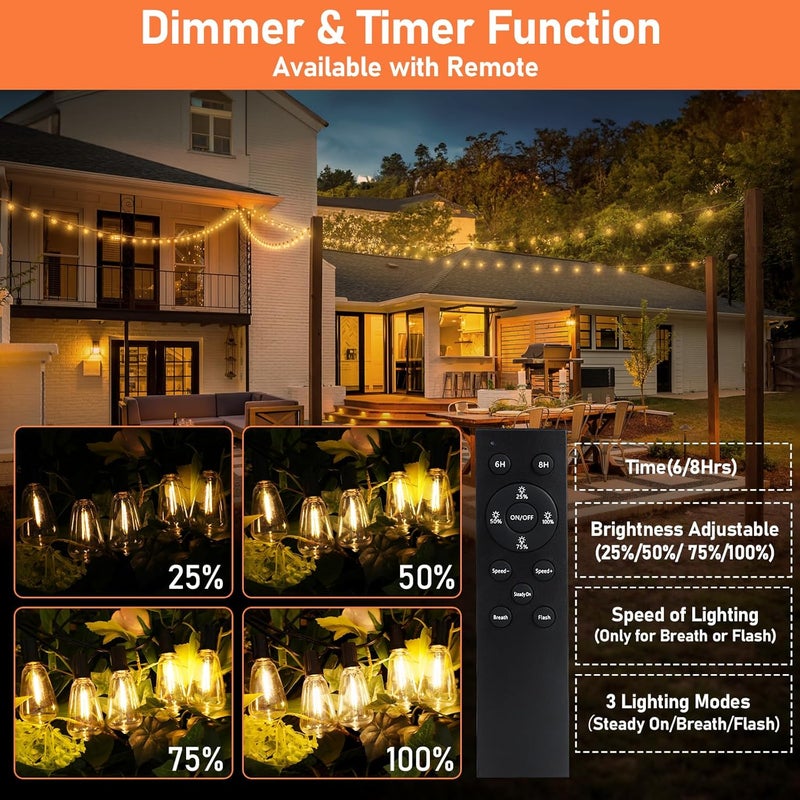 Bosceos 50 FT Solar String Lights for Outside, Solar Powered Outdoor String Lights, Dimmable Patio Lights with Remote Timer, 3 Lighting Modes Hanging Lights Waterproof for Christmas Wedding Tents - Image 3
